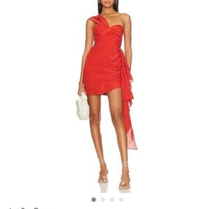 Just Bee Queen Elegant One-Shoulder Linen Red Dress